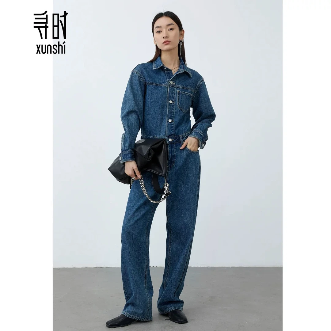 寻时/复古蓝boyyish风全棉翻领牛仔连体裤