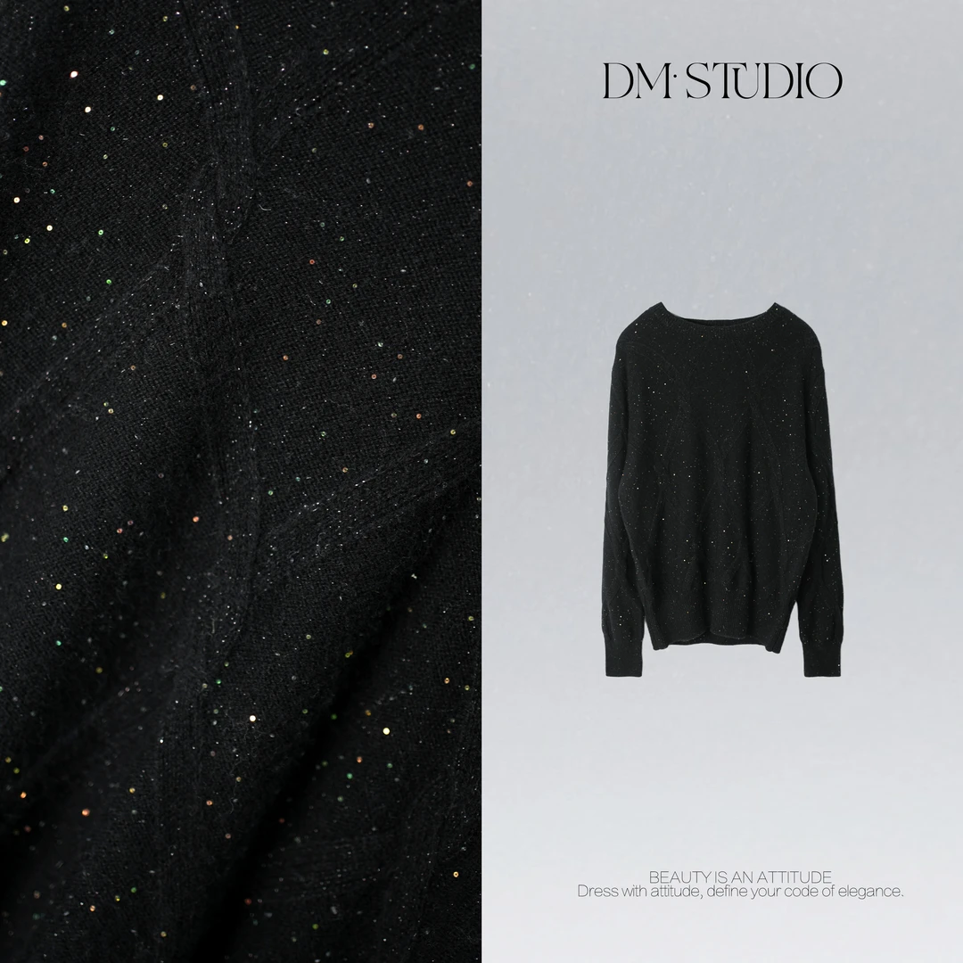 DEDM•STUDIOM气质极简保暖金丝珠片100%羊毛针织毛衣2507YMS/8019