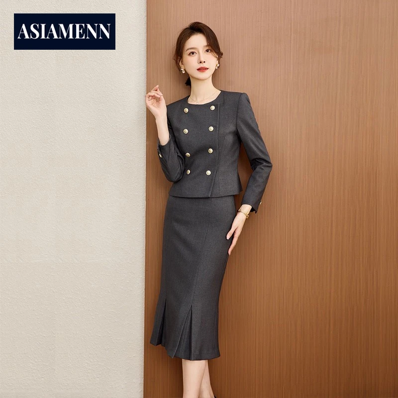 名媛显瘦职业套装裙春秋季新款高端气质职场通勤显瘦灰色西服套装
