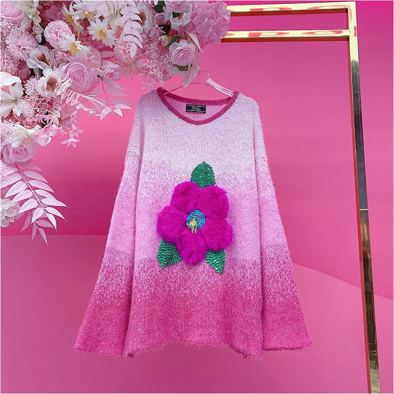 A4490欧美设计师2025冬季新款重工刺绣亮片拼兔毛花朵渐变毛衣女