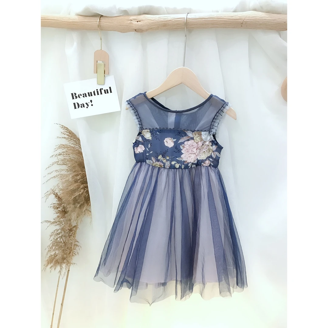 卡拉M女童灰蓝色碎花纱纱连衣裙专柜童装品牌正品折扣