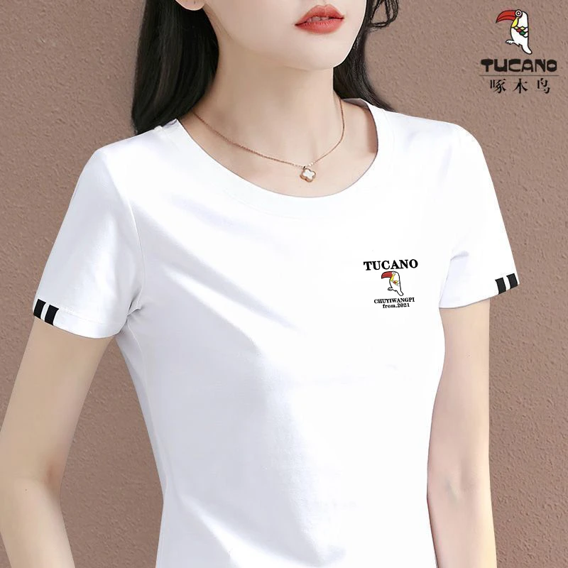 啄木鸟正品新款圆领套头T恤2025年夏季休闲通勤短袖ins爆款上衣女