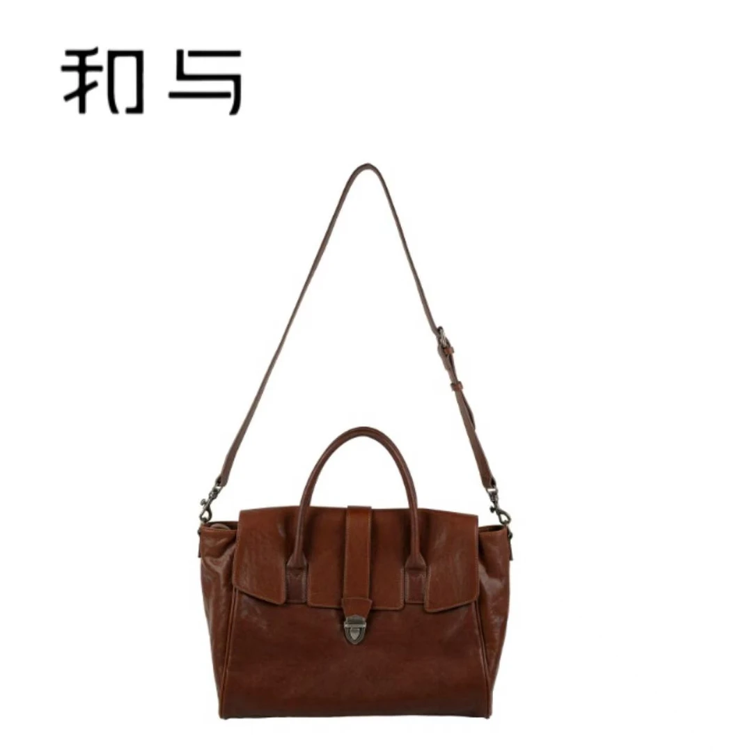 和与｜植鞣公文包 复古手提包休闲横款方形车缝线百搭单肩包123-M