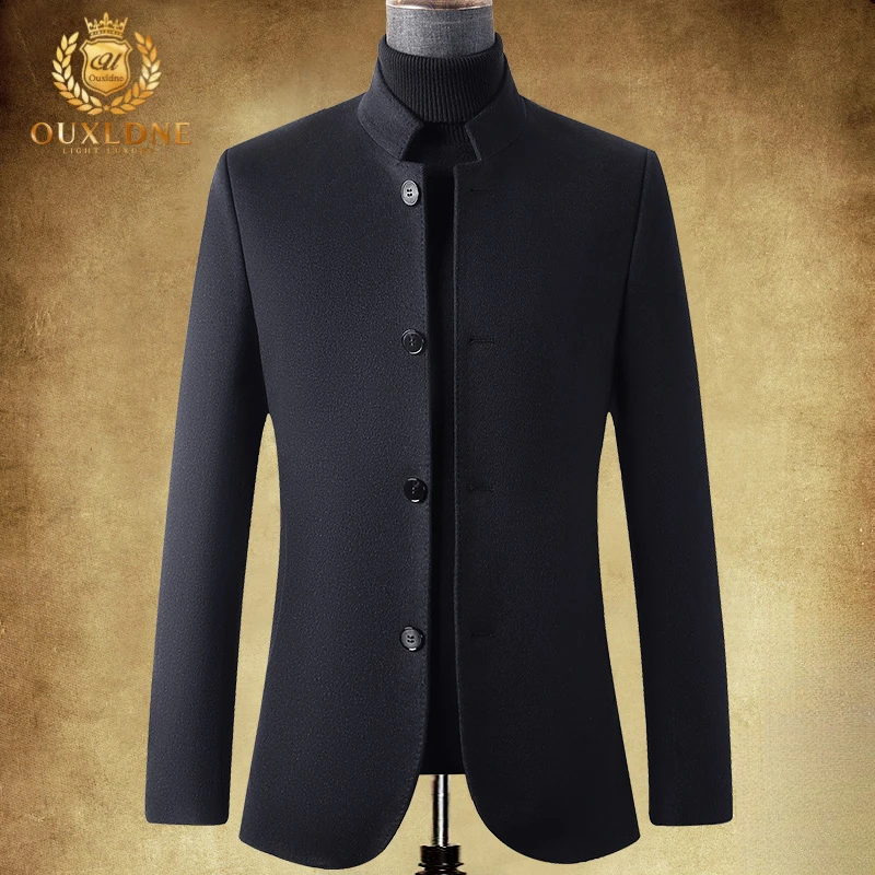 OUXLDNE羊毛呢中长款中山装男款男士中年衣服修身羊绒西服外套