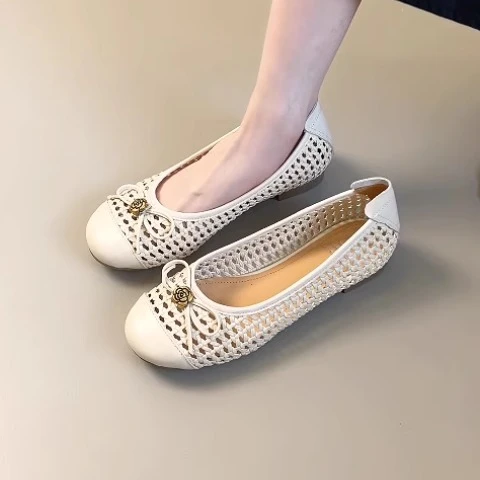 Pokoy-2cm法式复古镂空透气洞洞鞋女蝴蝶结芭蕾舞平底鞋豆豆鞋
