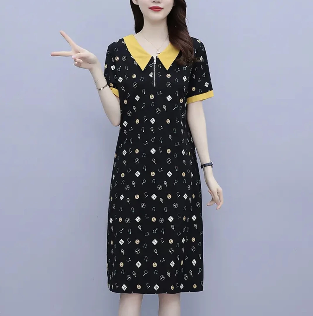 2025夏季爆款大码时尚百搭显瘦撞色拉链娃娃领女士印花连衣裙 053