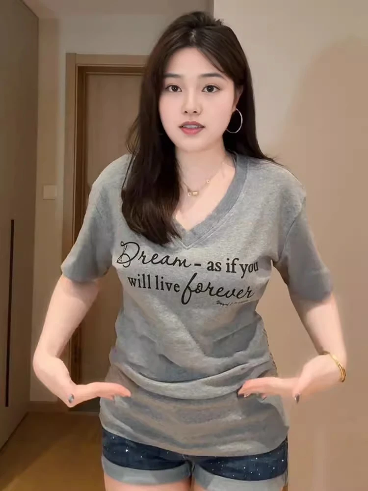 大码胖mm洋气百搭V领短袖印花T恤女夏季新款收腰显瘦美式小衫上衣