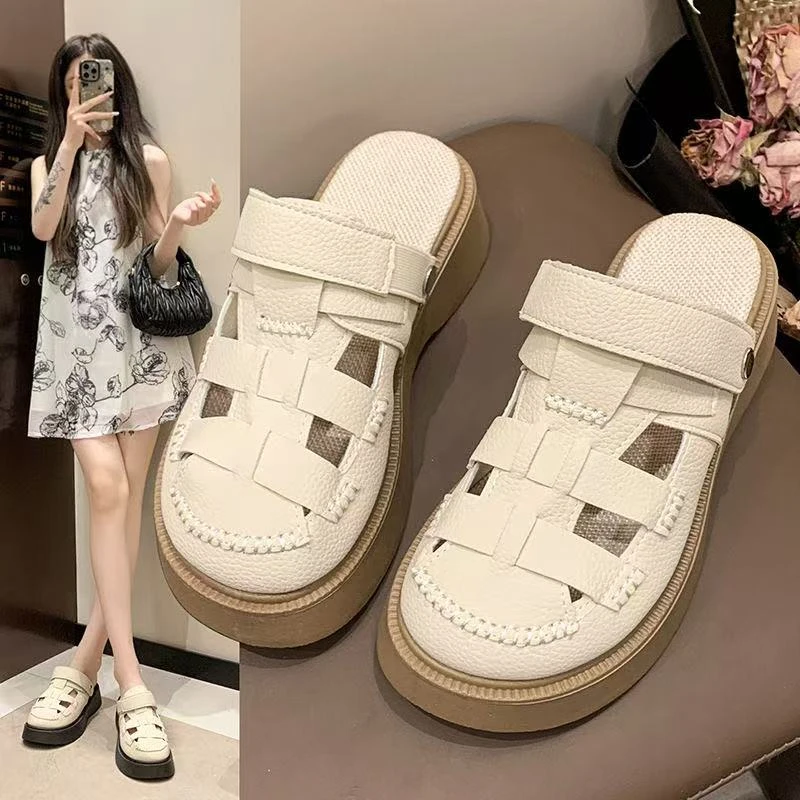 XG简约两穿镂空包头凉鞋女款2025新款洞洞森系罗马鞋厚底半拖鞋