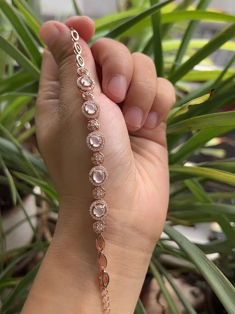 缅甸天然翡翠S925银镶嵌白冰蛋面精品手链