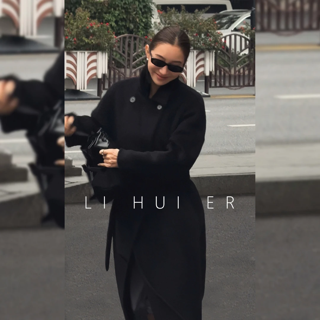 LiHuiEr李慧儿【卡西莫暗耀】秋冬女气质时尚黑色大衣LL0251305