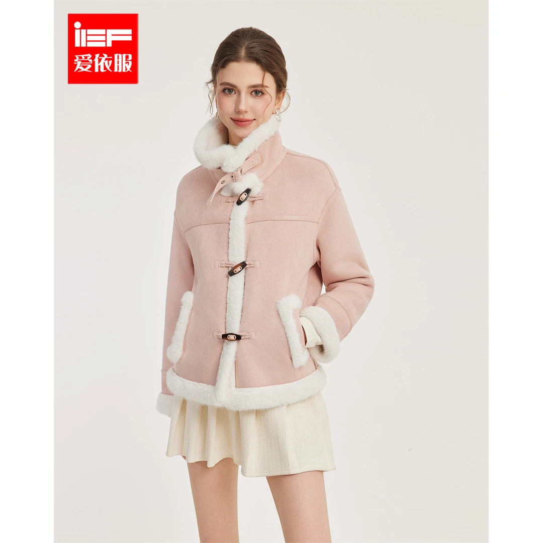 IEF/爱依服2025冬季新款美式休闲皮毛一体加绒保暖牛角扣时尚外套