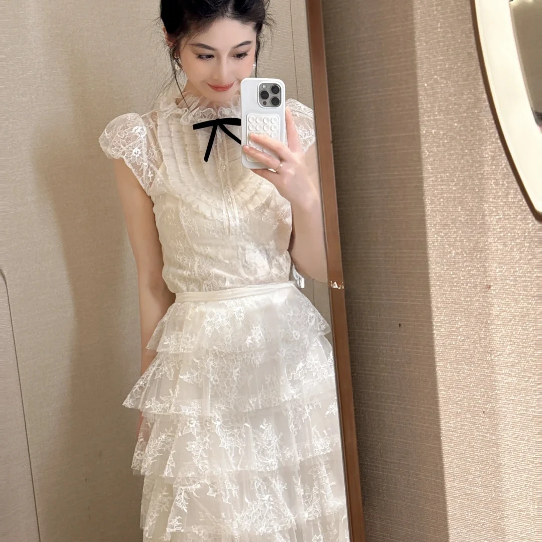 YOYOUNA赵露思同款2025夏季新款miu系泡泡袖蕾丝白色衬衫