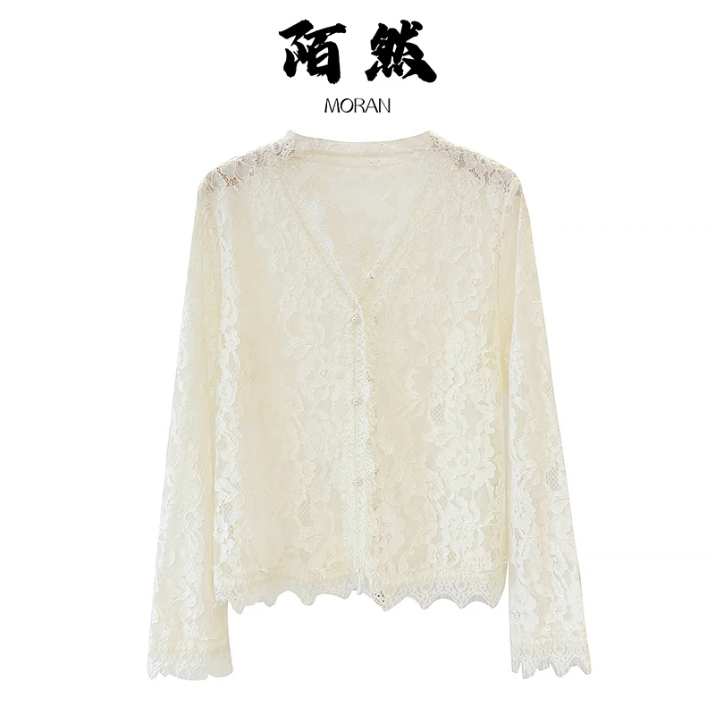 Jokara/丘可儿【云杉锦】复古V领蕾丝织花上衣防晒开衫喇叭袖衬衣春