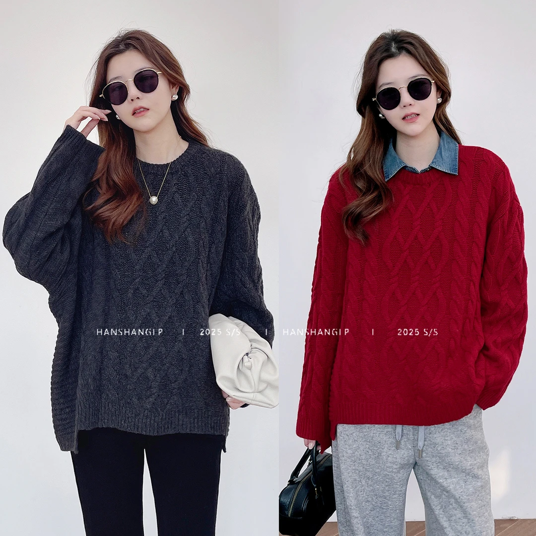 韩裳良品  100羊毛设计感下摆不规则阔版麻花加厚毛衣针织冬新款