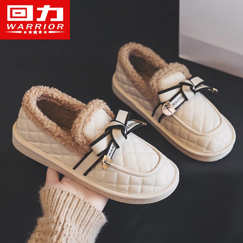 Warrior/回力女鞋休闲鞋2025冬季新款加绒一脚蹬豆豆鞋保暖棉鞋