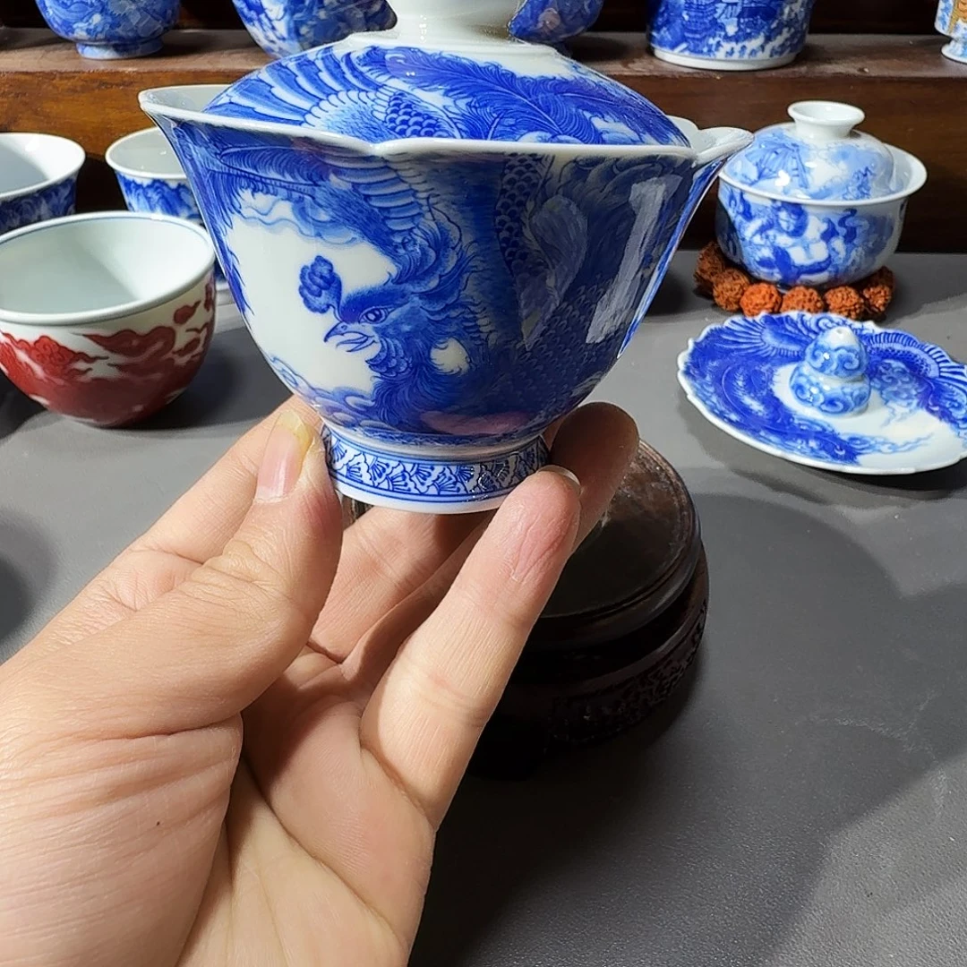 泥塑盖碗手工手绘瑕疵开裂