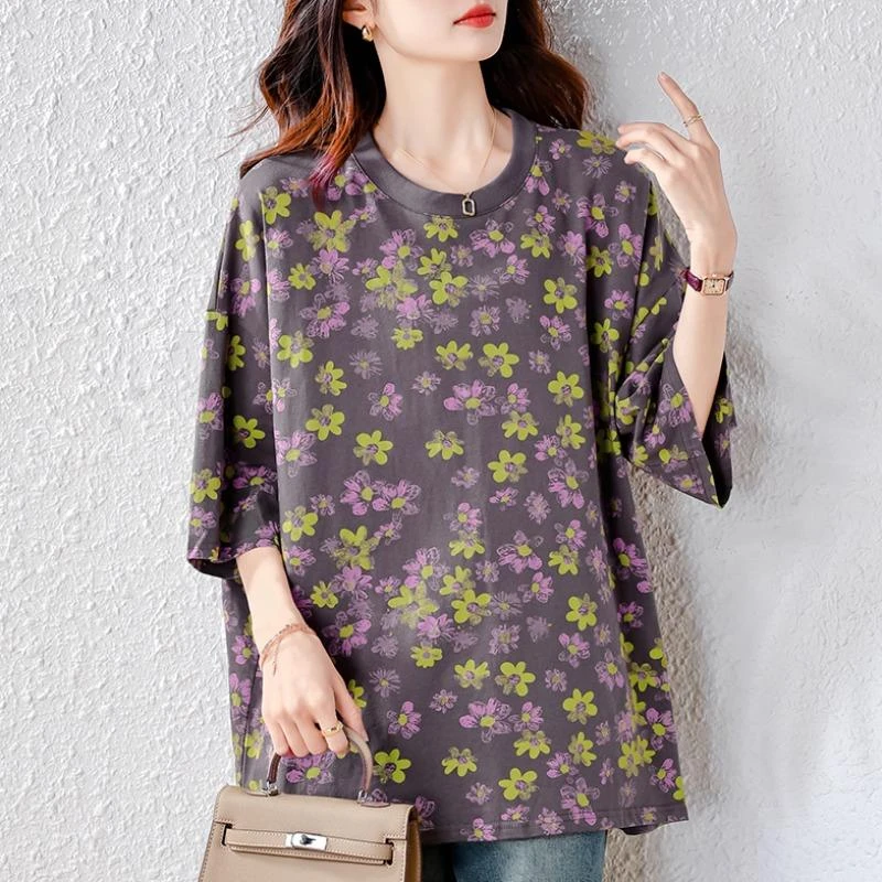 九月陌墨夏季女士休闲大码减龄高级灰色小雏菊上衣碎花短袖T恤潮