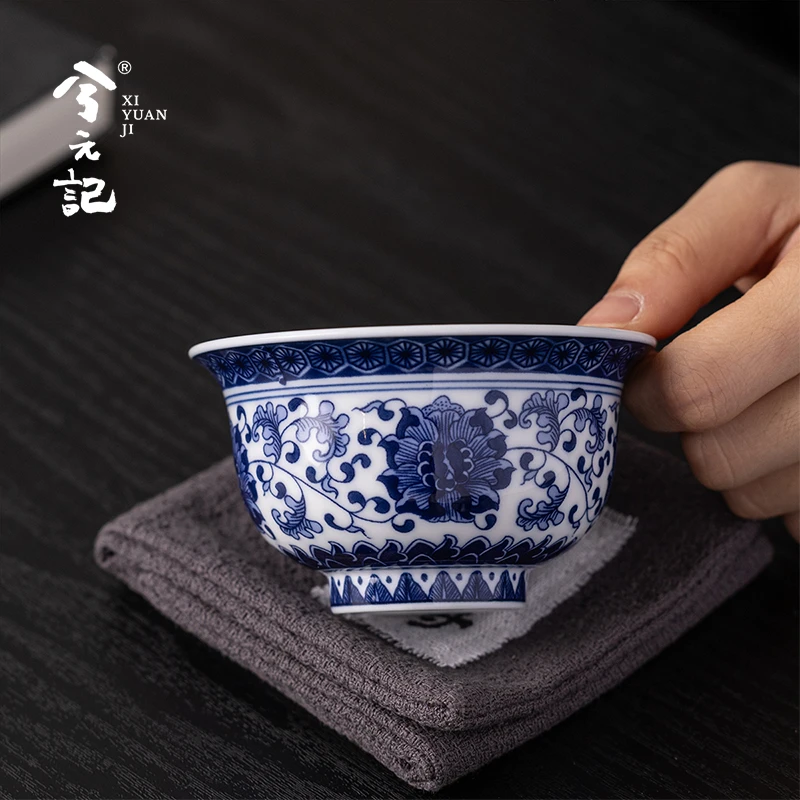 兮元记青花瓷主人杯高档茶杯陶瓷缠枝莲压手杯品茗杯精致喝茶杯子