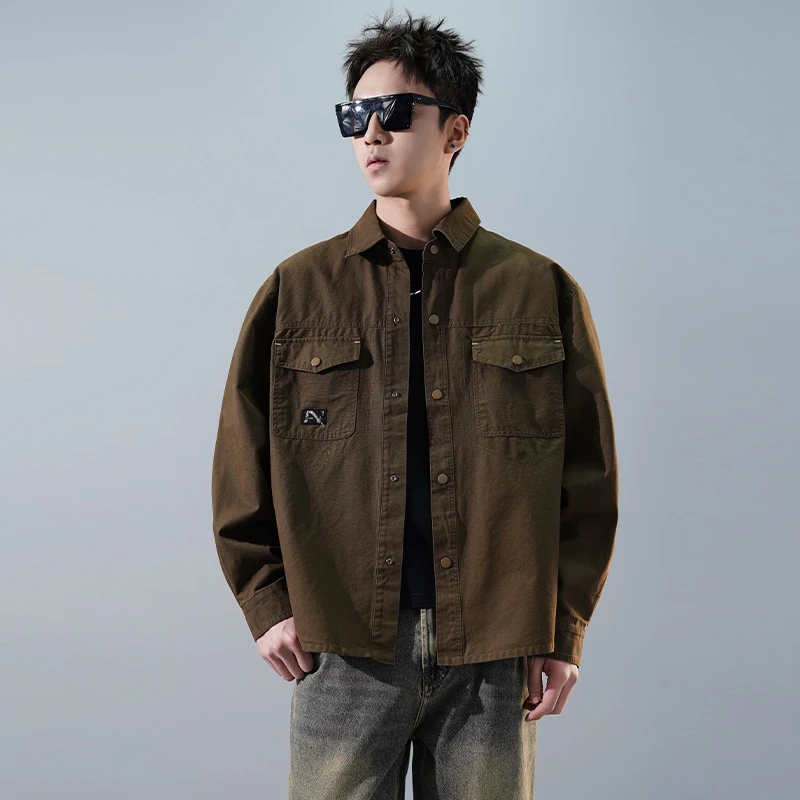 彦正春秋新款长袖衬衫美式复古潮牌宽松翻领男士休闲工装衬衣外套