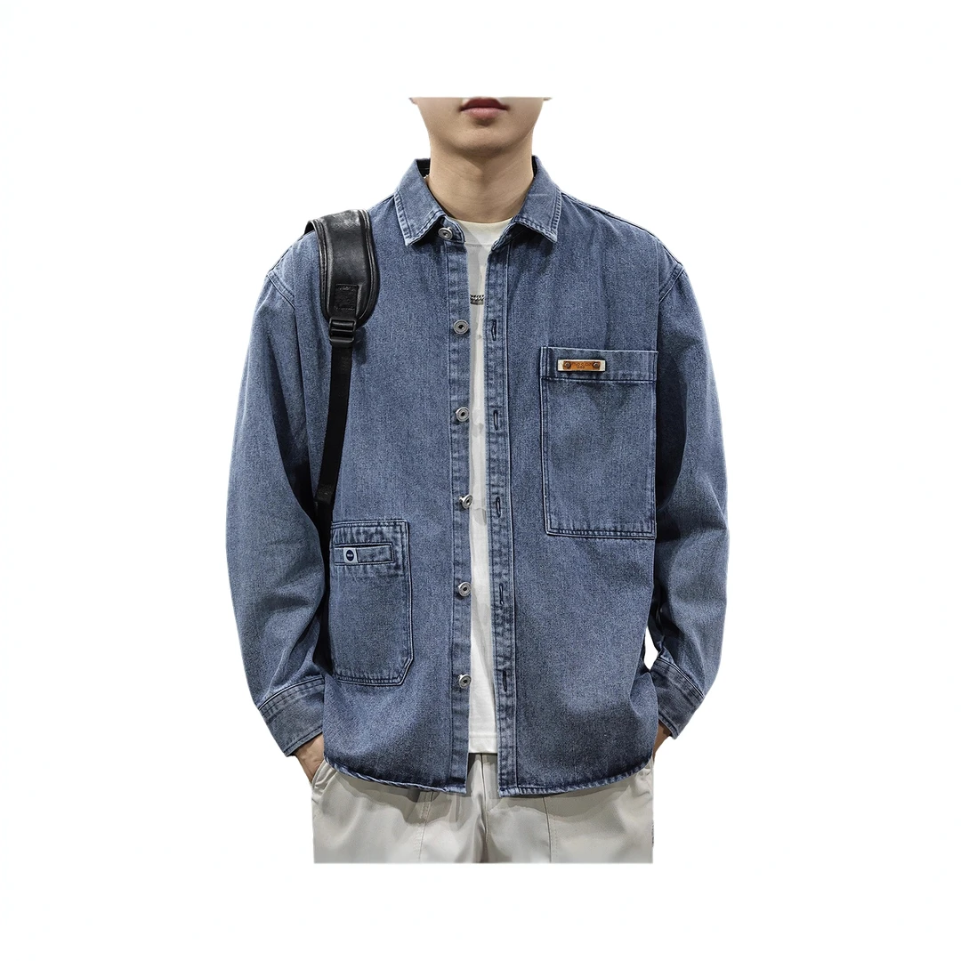 秋季新款男士潮牌复古水洗牛仔衬衫男美式翻领上衣宽松休闲外套潮