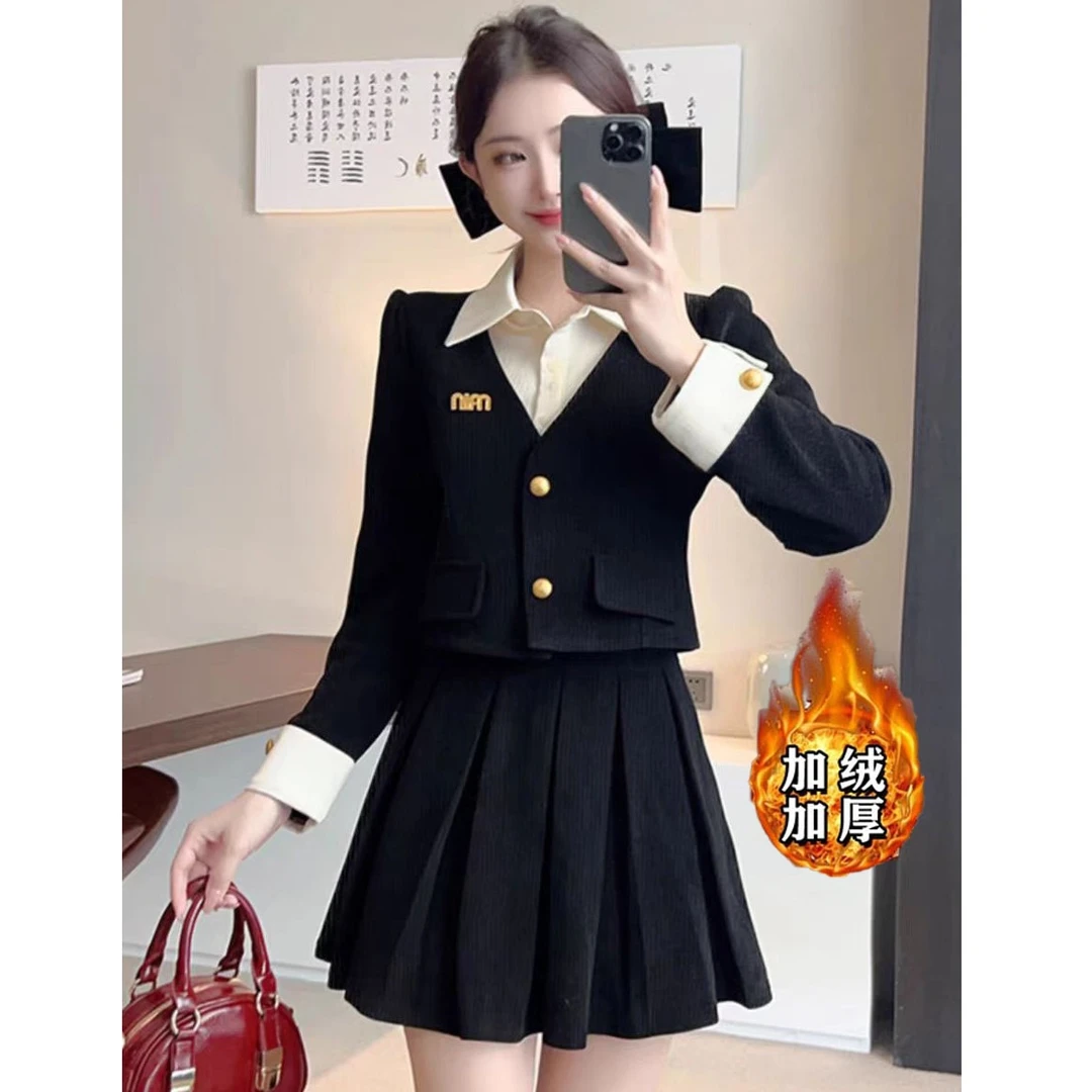 （现货清货）韩系减龄学院风套装气质通勤上衣短裙子两件套裙装1691