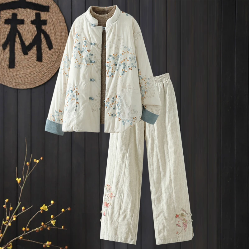 新中式盘扣碎花棉服外套女士冬装妈妈复古国风加厚夹棉棉衣两件套