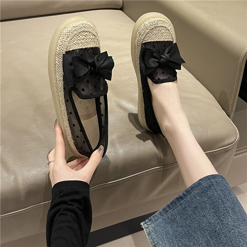 网纱单鞋女新款春夏季厚底透气乐福鞋一脚蹬晚晚风渔夫豆新款平底