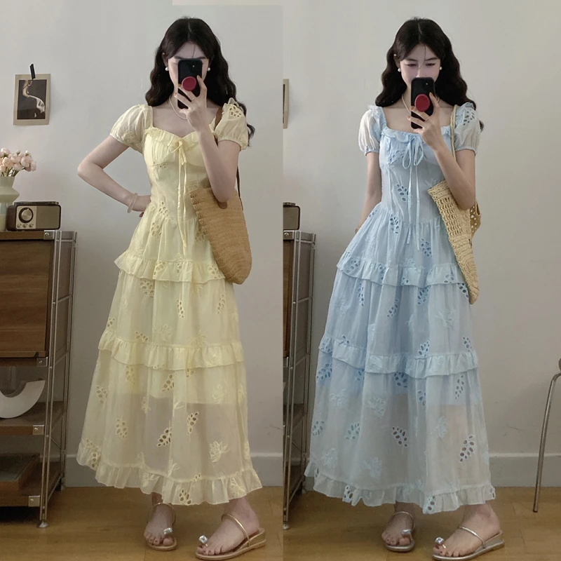 大码胖mm女装夏季绣花镂空设计感收腰显瘦大摆公主裙长裙女