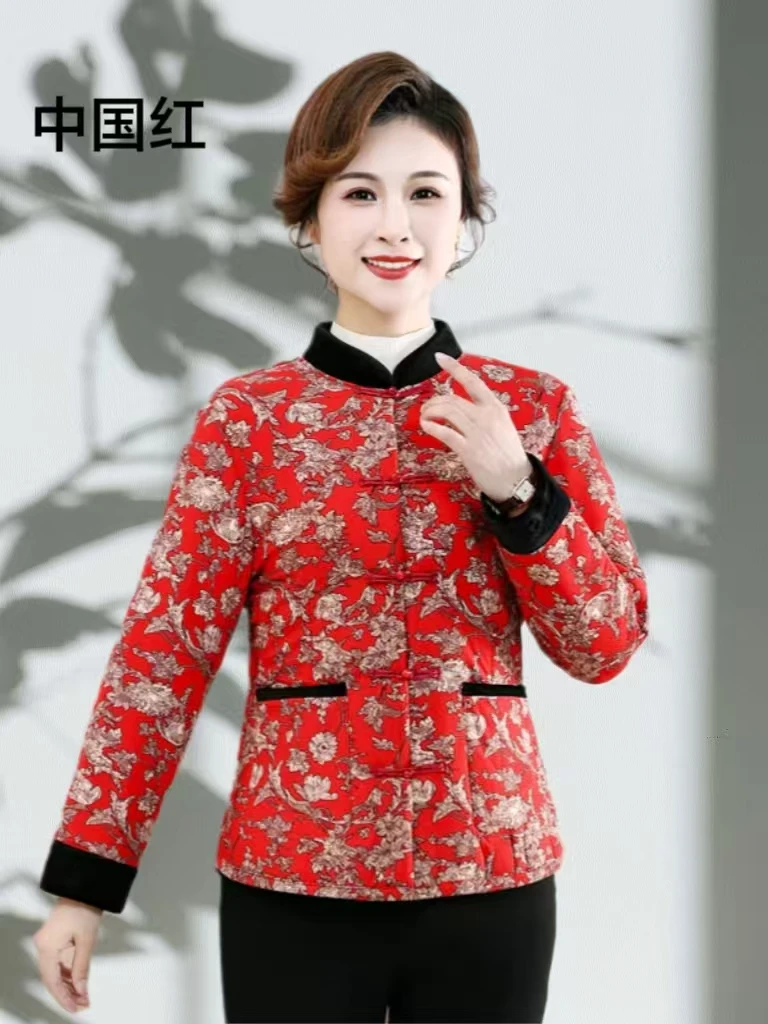 碎花时尚妈妈保暖新中式冬季加绒秋冬中国风上衣加厚盘扣气质短款
