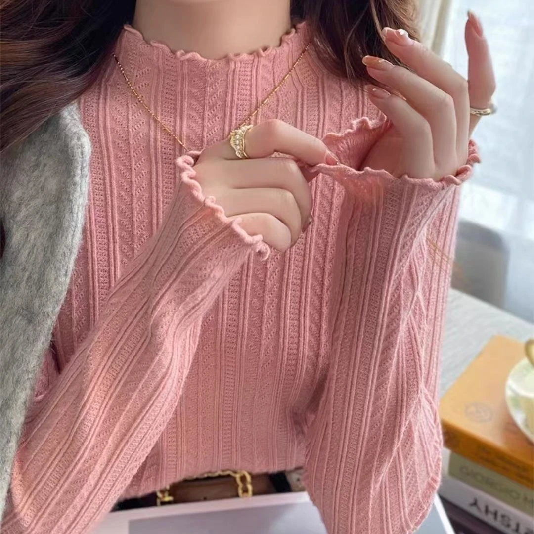 半高领毛衣女装早秋新款纯色木耳边秋冬季修身内搭针织打底上衣潮