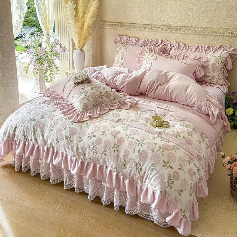 公主风雕花牛奶绒绒床裙款四件套秋冬加绒保暖双面绒花边被套床罩