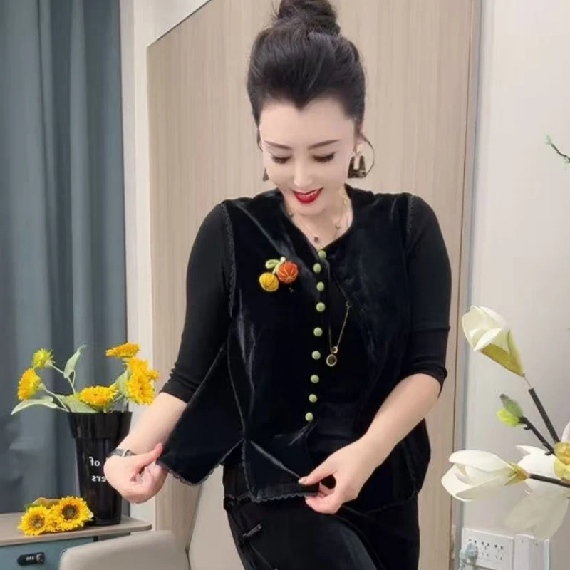 2925丝绒南瓜马夹植物花卉夏装气质秋季短款百搭拼接蕾丝极简风