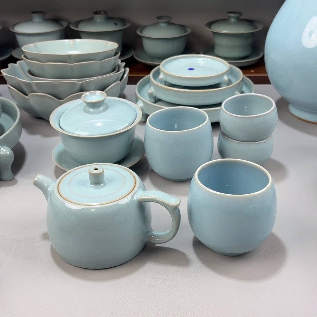 刘***二瓷摆件精品汝窑天青釉井栏壶送大龙旦杯