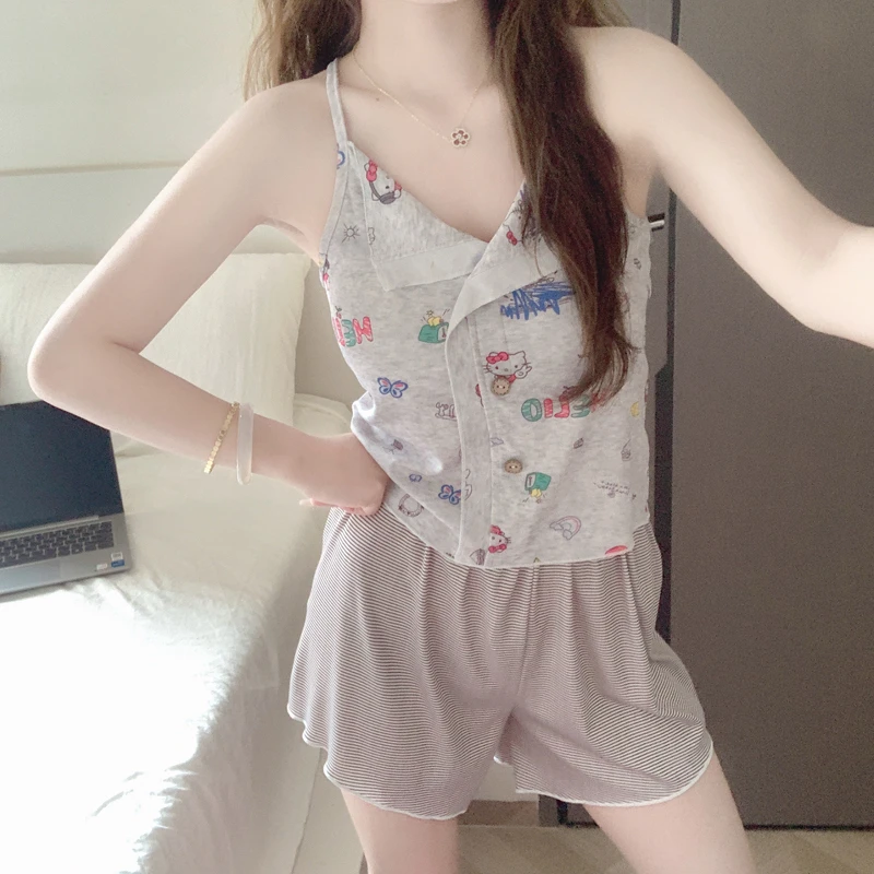 【带胸垫一体】纯欲风kitty睡衣女夏季吊带短裤美式辣妹家居服套装