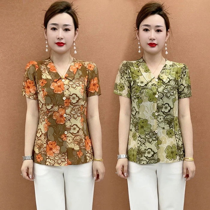 妈妈装夏季翻领显瘦t恤衫印花薄款中老年女装常规休闲风碎花上衣