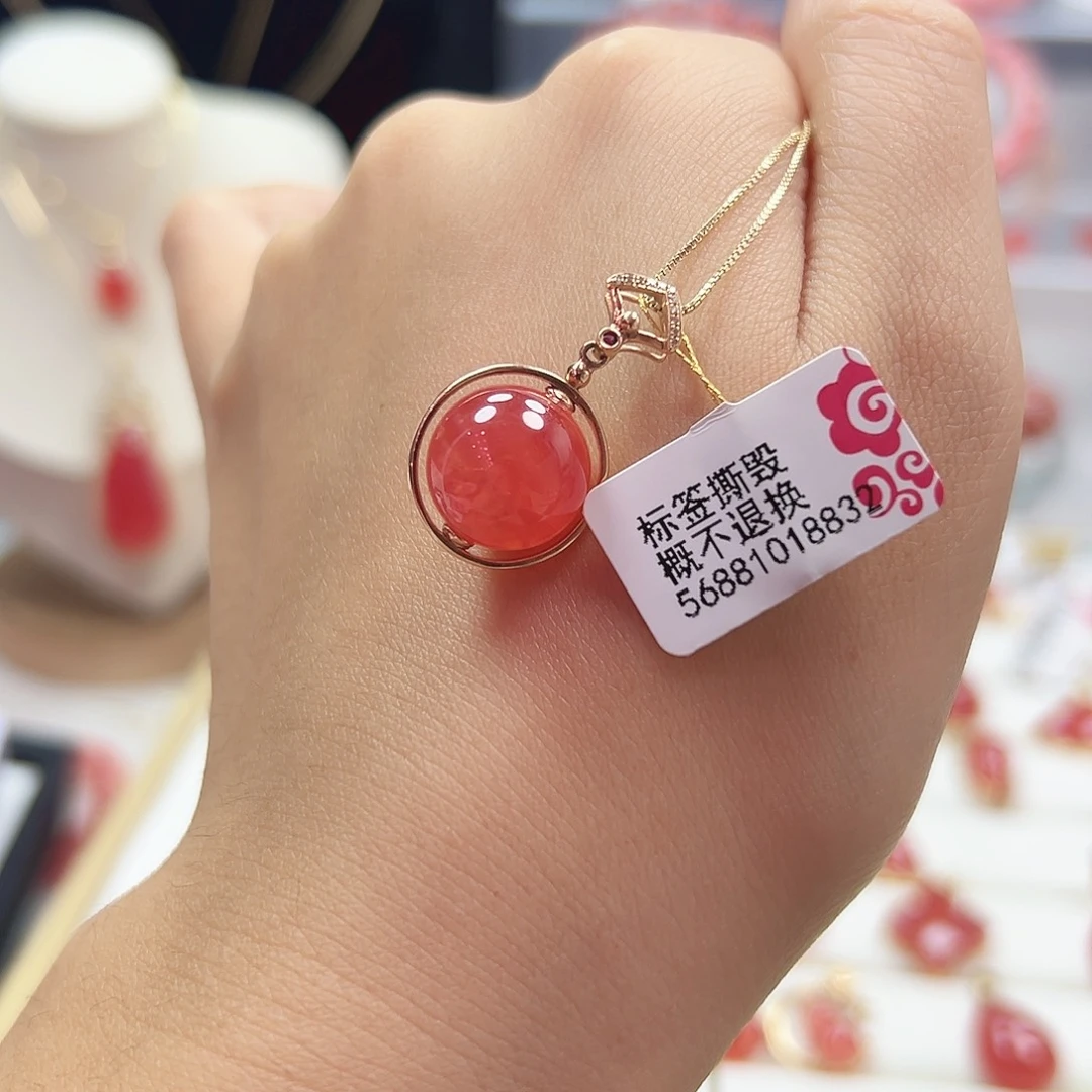 菱锰矿（红纹石）18K金镶嵌吊坠(不含链)