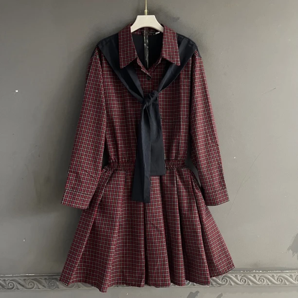 秋季新款高级感时尚假两件宽松衬衫百褶气质连衣裙红色