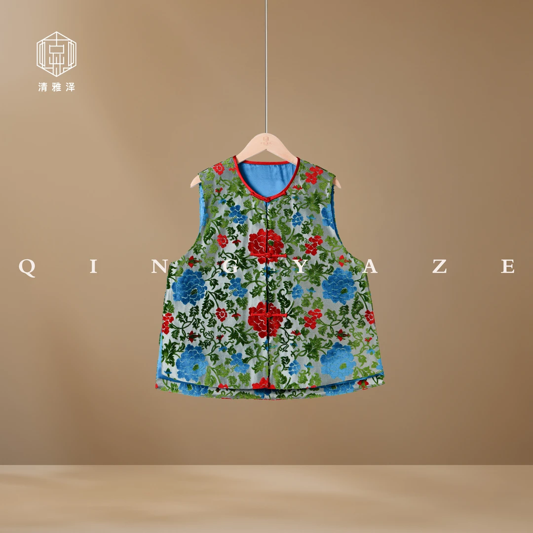 缠枝牡丹！高定手裁对花真丝漳缎新中式马甲！GZ5956