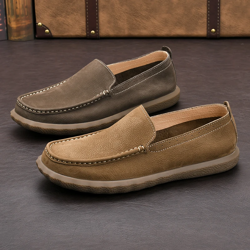 25年春夏新款男士复古休闲头层牛皮鞋纯色简约懒人一脚蹬乐福鞋