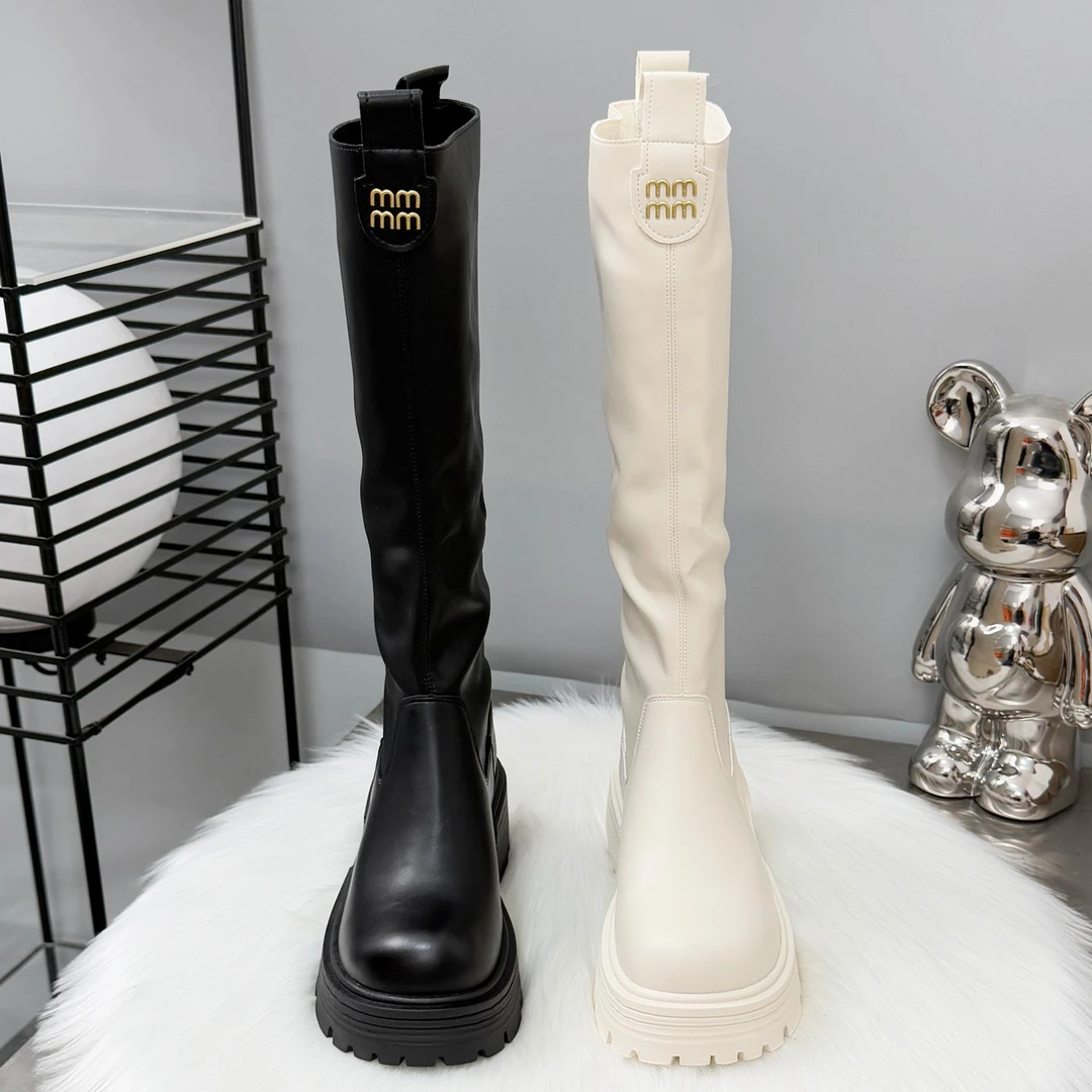 白色长靴女2025新款秋冬加绒靴子粗高跟骑士靴小个子不过膝长筒靴