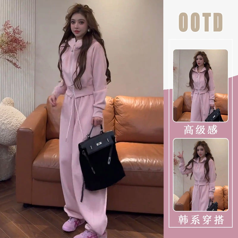 2025秋季新款休闲时尚套装女炸街宽松显瘦连帽上衣阔腿裤两件套潮