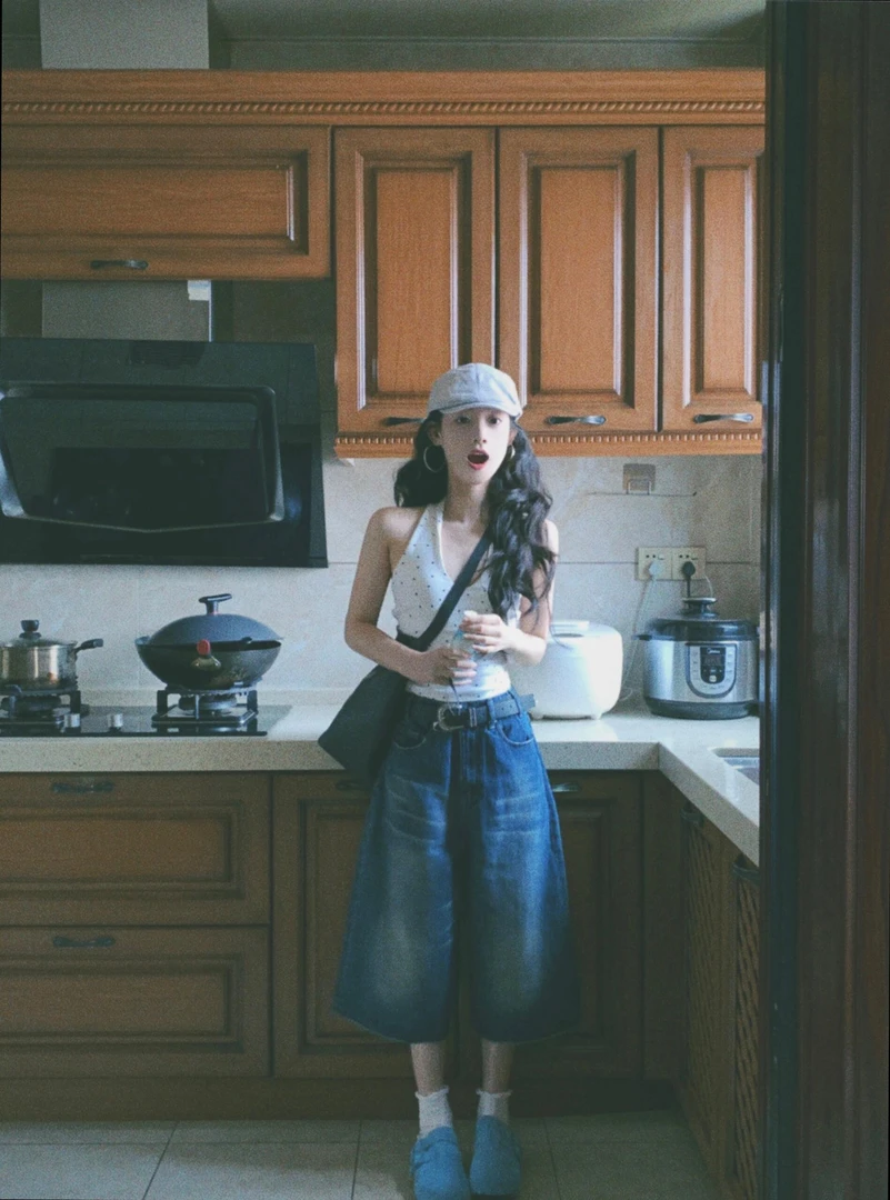 美式复古蓝阔腿七分牛仔裤女2025新款高腰宽松显瘦休闲百搭直筒裤