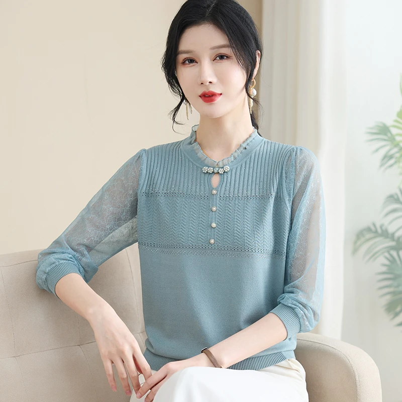 新款妈妈装气质纱袖上衣中老年女装春夏时尚T恤薄款针织小衫3312