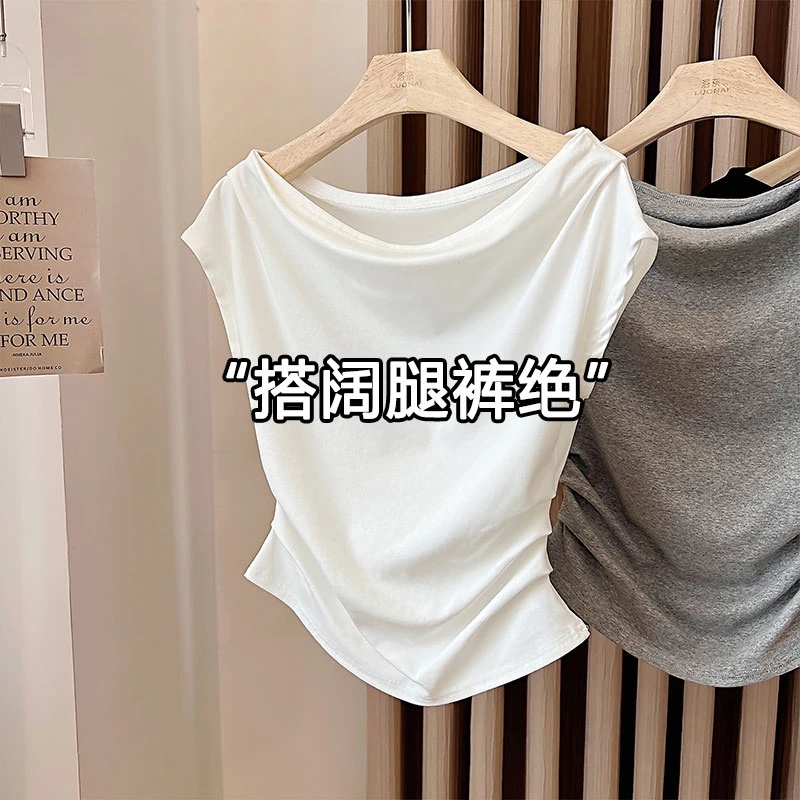 白色荡领斜肩短袖女款爆款2025新款夏小众褶皱收腰一字肩t恤上衣