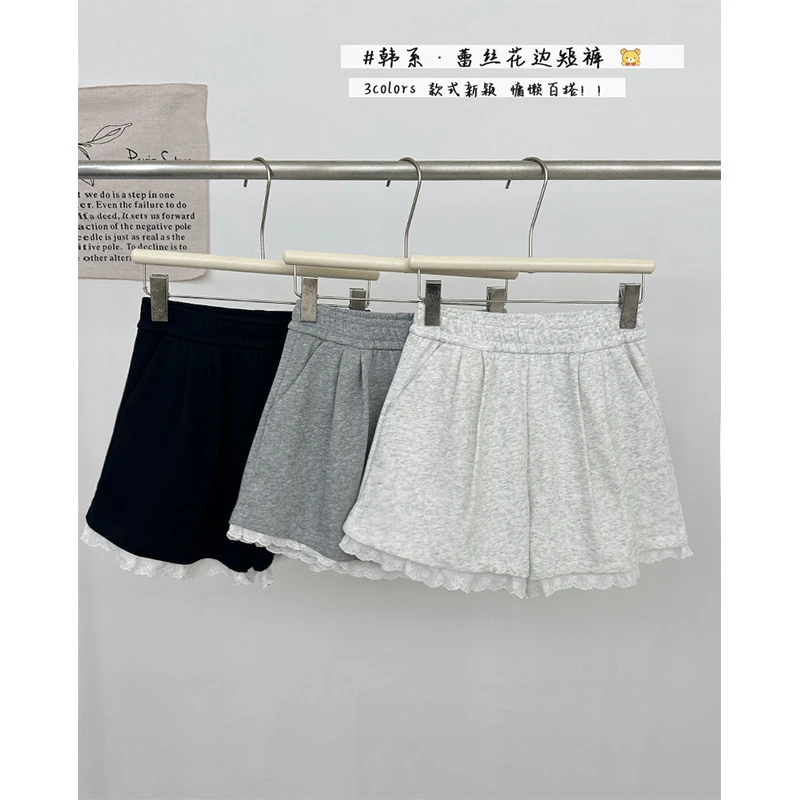 法式复古蕾丝花边阔腿短裤女夏装高腰显瘦休闲三分裤a字运动裤子