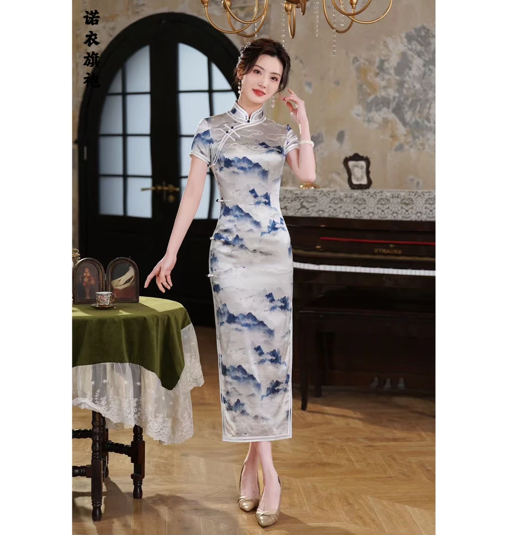 诺衣【山水画】桑蚕丝日常年轻长款旗袍