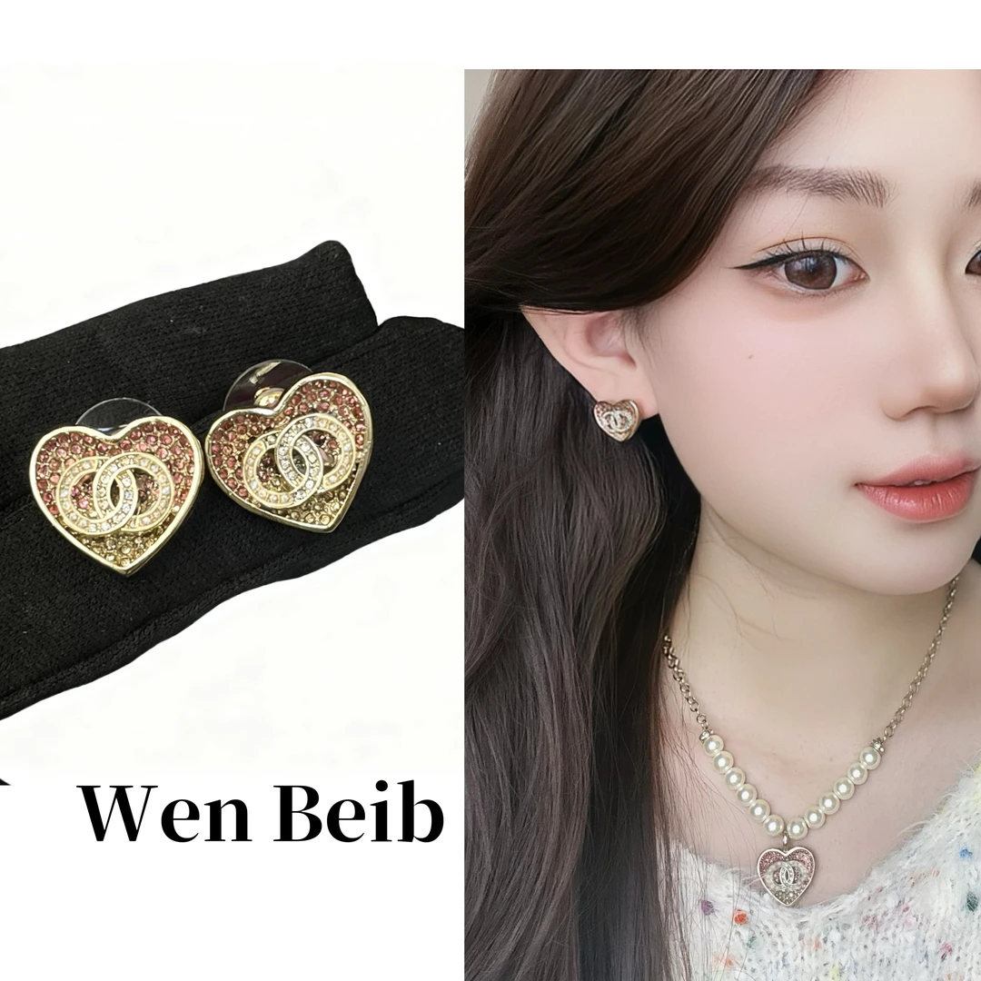 铜合金耳饰 粉色满镶爱心耳钉气质轻奢复古小香风时尚百搭设计师
