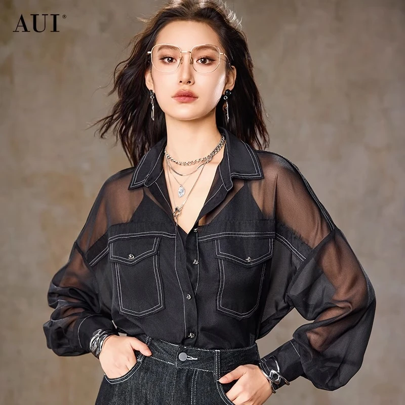 【众心专属】AUI黑色薄款长袖衬衫职业气质宽松衬衣上衣-25W059544