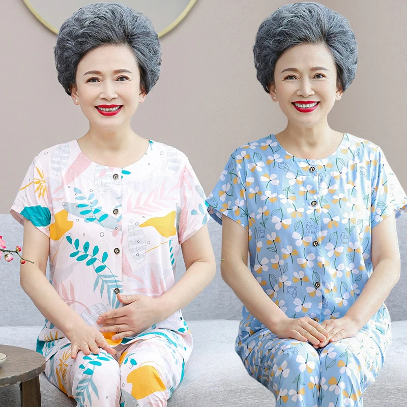 妈妈棉绸睡衣女中老年人夏季薄款圆领短袖开衫奶奶家居服空调服