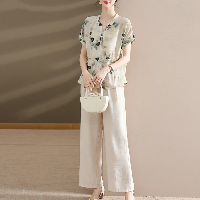 妈妈夏装套装洋气高贵雪纺衫2025新款中老年女装夏季短袖衬衫上衣